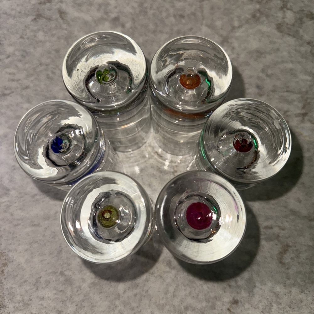 Set of 6 Shot Glasses Suspended Colored Bubble Base Barware - Picture 3 of 11